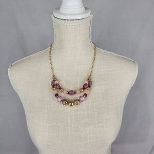 Costume Purple Pink Gold Tone Double Chain Beaded Necklace Vintage